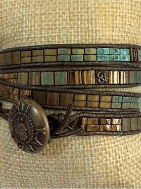 Karma and Luck Beaded Wrap Bracelet in Turquoise-Green and Brass